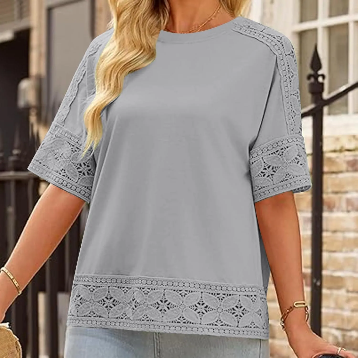 Linen Shirts for Women Lace Patchwork 3/4 Length Sleeve Womens Tops Mock Neck Dressy Casual Loose Fit Cotton Blouse