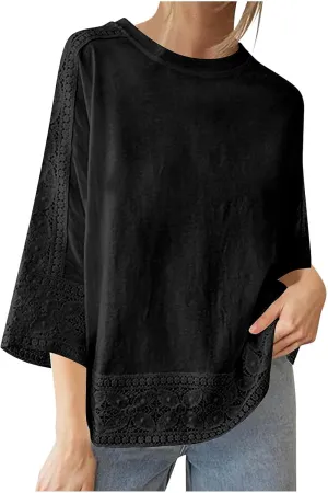 Linen Shirts for Women Lace Patchwork 3/4 Length Sleeve Womens Tops Mock Neck Dressy Casual Loose Fit Cotton Blouse