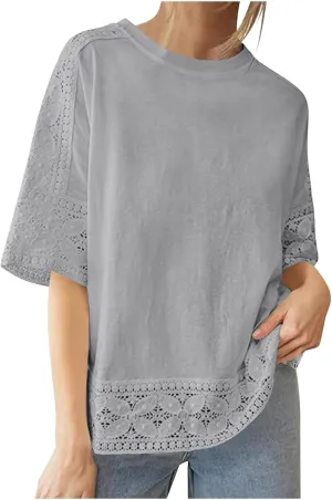 Linen Shirts for Women Lace Patchwork 3/4 Length Sleeve Womens Tops Mock Neck Dressy Casual Loose Fit Cotton Blouse