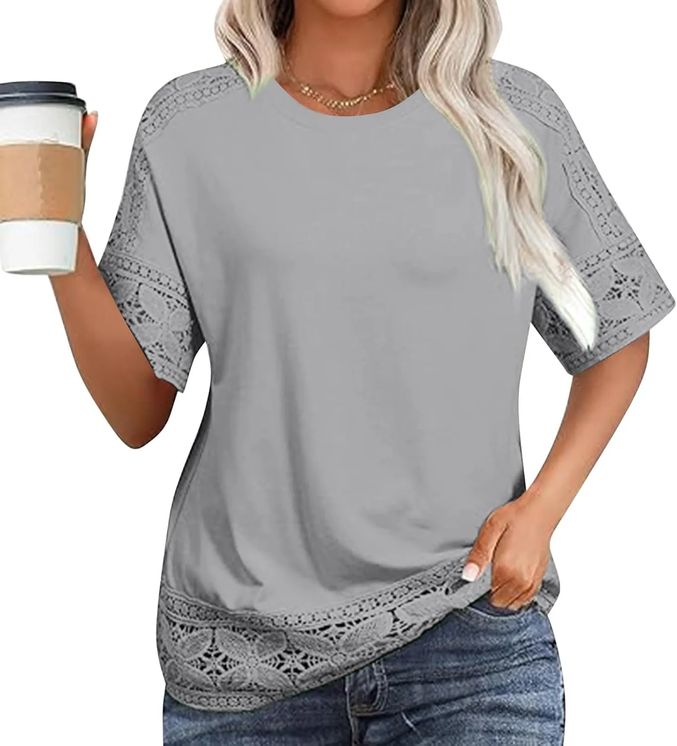 Linen Shirts for Women Lace Patchwork 3/4 Length Sleeve Womens Tops Mock Neck Dressy Casual Loose Fit Cotton Blouse