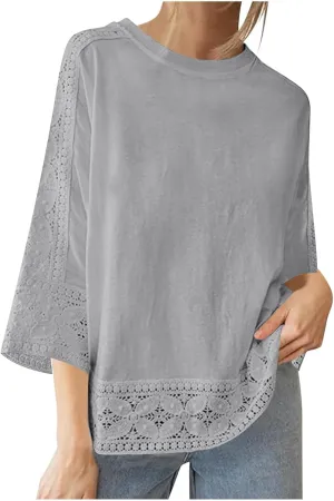 Linen Shirts for Women Lace Patchwork 3/4 Length Sleeve Womens Tops Mock Neck Dressy Casual Loose Fit Cotton Blouse