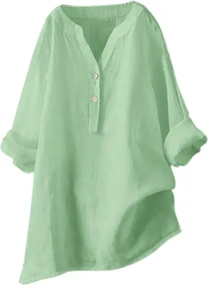 Linen Shirts for Women Linen Button Down Shirt Plus Size V Neck 3/4 Length Sleeve Vacation Tops Dressy Casual Blouses
