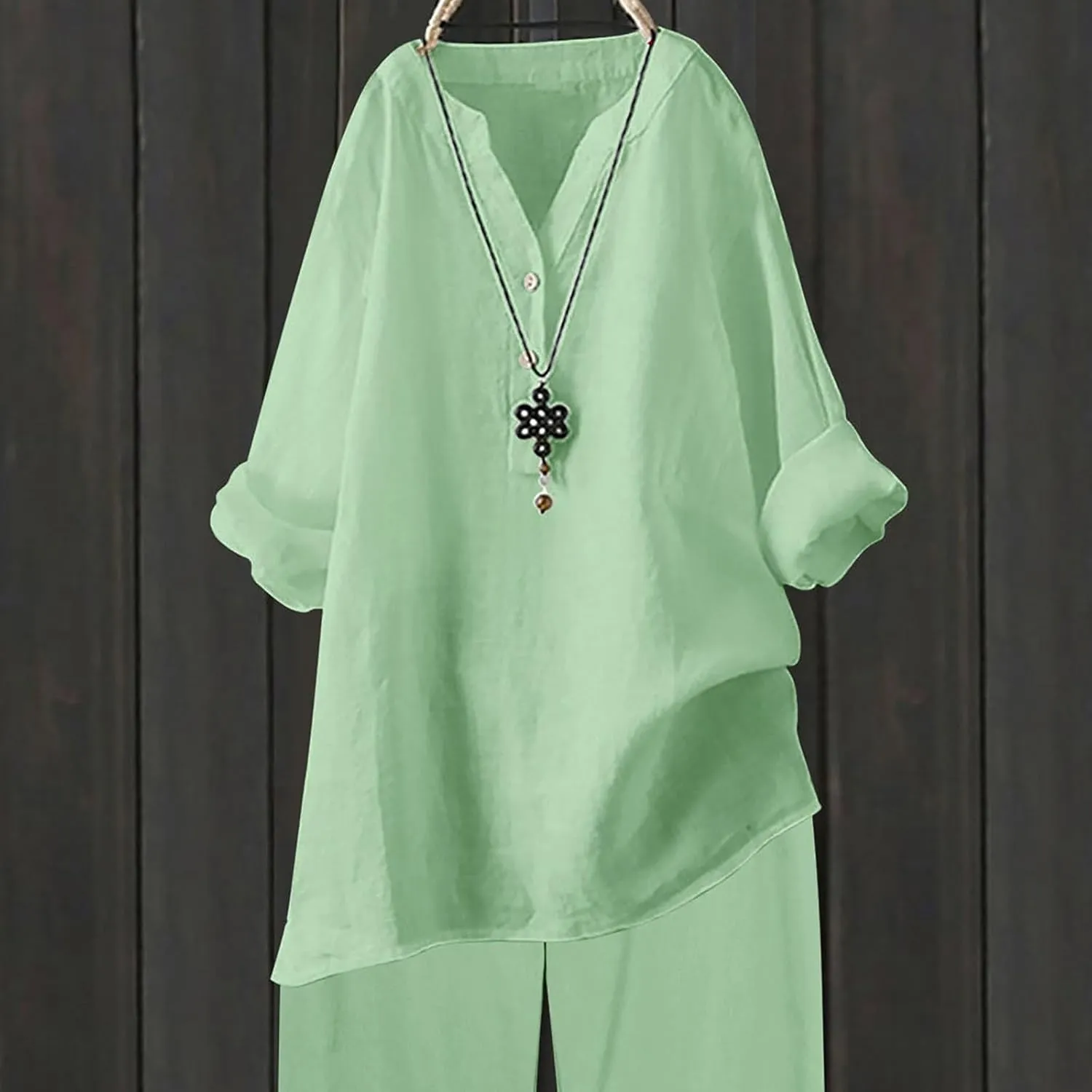 Linen Shirts for Women Linen Button Down Shirt Plus Size V Neck 3/4 Length Sleeve Vacation Tops Dressy Casual Blouses