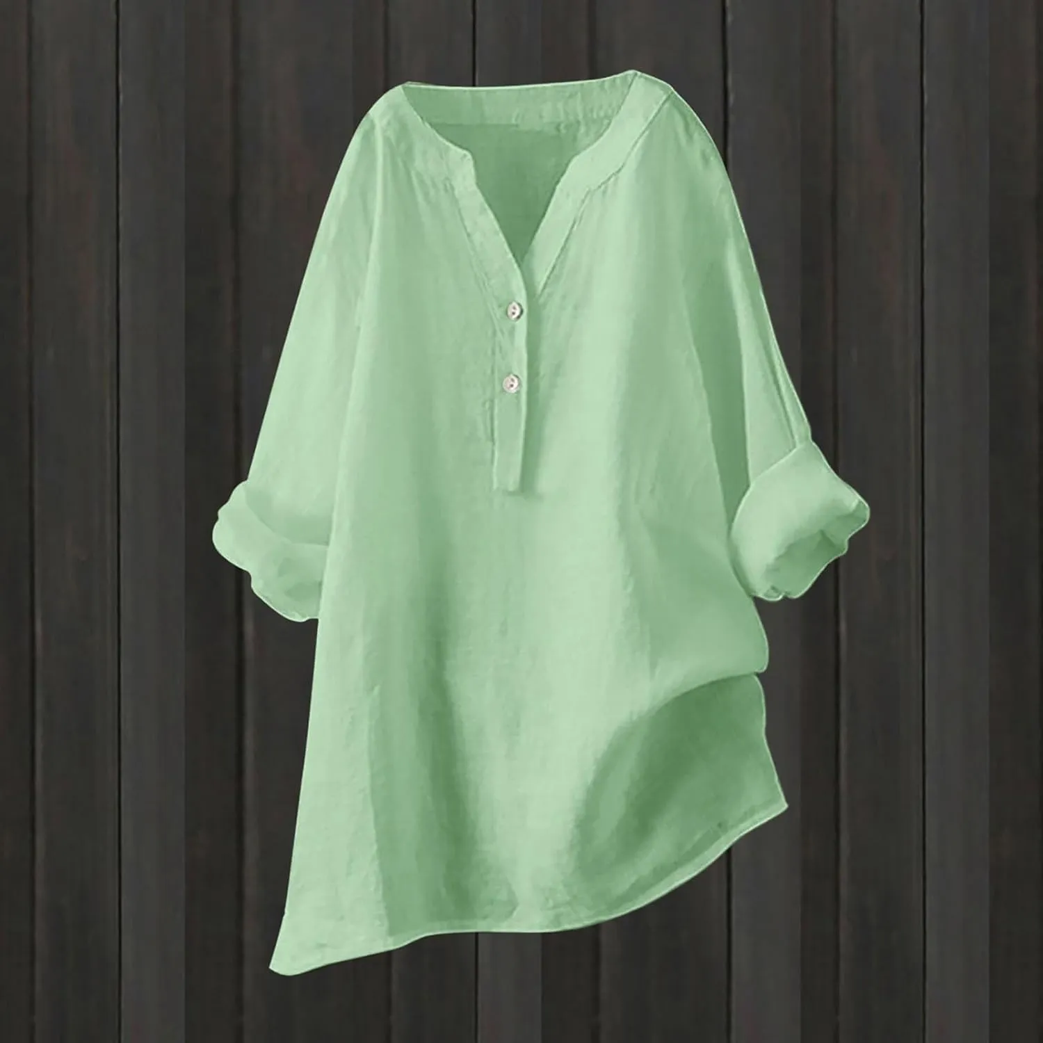 Linen Shirts for Women Linen Button Down Shirt Plus Size V Neck 3/4 Length Sleeve Vacation Tops Dressy Casual Blouses