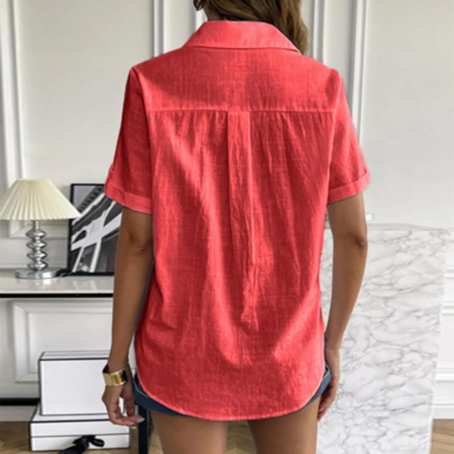 Linen Shirts for Women, Linen Button Down Shirt Women Short Sleeve Summer Trendy Tops Work Beach Collared Blouses