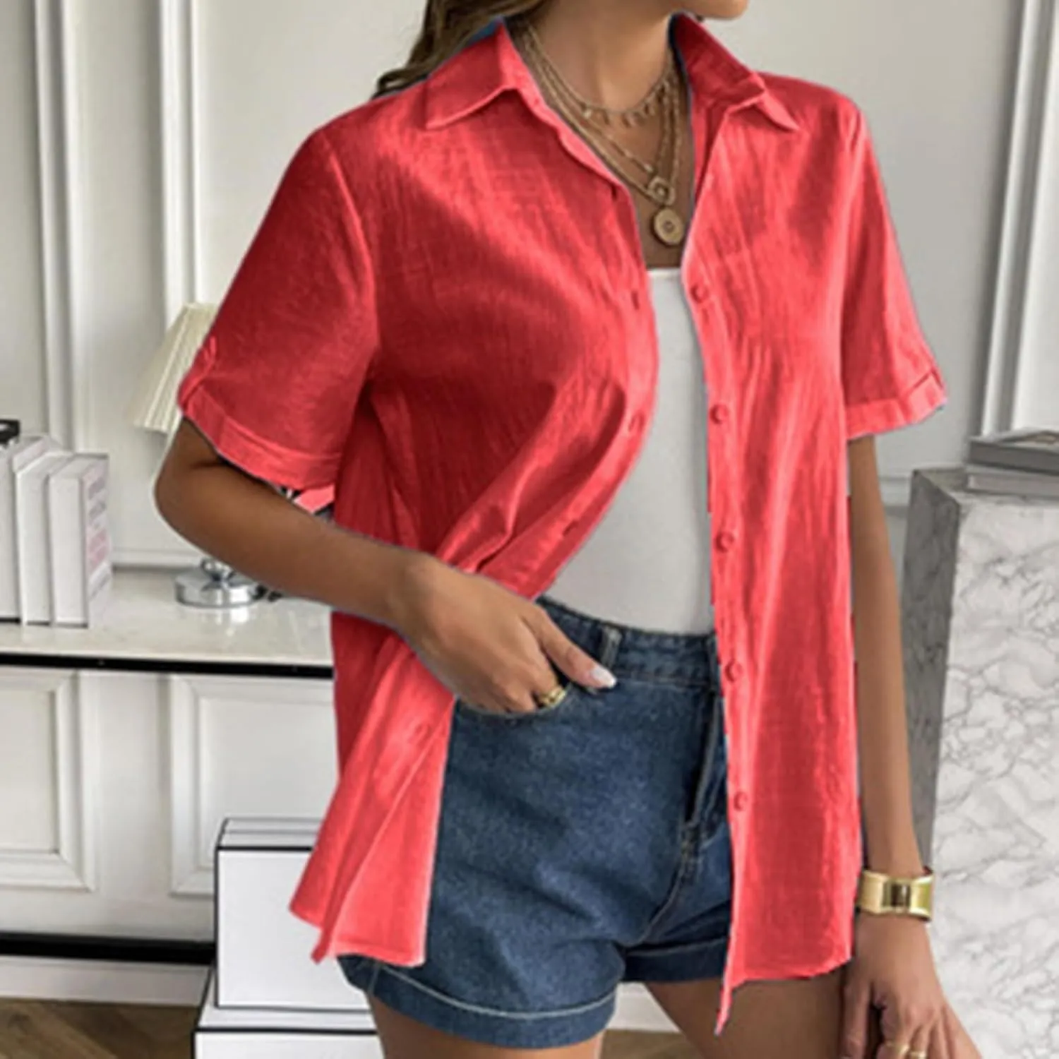 Linen Shirts for Women, Linen Button Down Shirt Women Short Sleeve Summer Trendy Tops Work Beach Collared Blouses