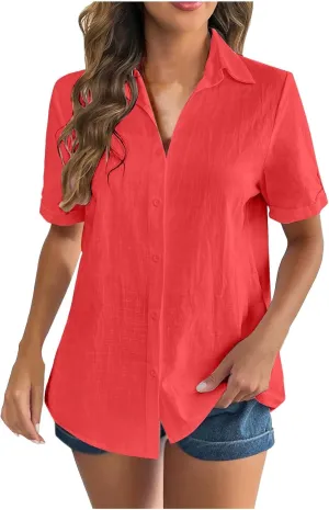 Linen Shirts for Women, Linen Button Down Shirt Women Short Sleeve Summer Trendy Tops Work Beach Collared Blouses