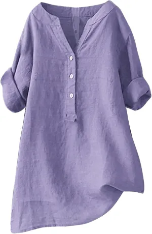 Linen Shirts for Women Oversized Breathable Summer Tops V Neck Short Sleeve Buttons Down Blouses Casual Daily Wear Outfits