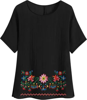 Linen Shirts for Women Short Sleeve Casual Tops Loose Fit Round Neck Blouses Fashion Graphic Print T-Shirts