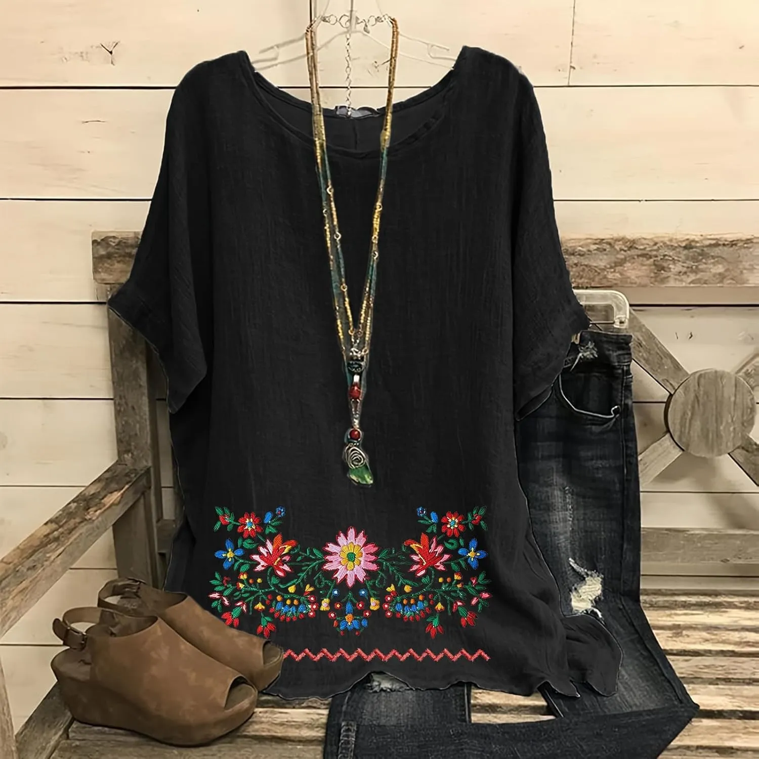 Linen Shirts for Women Short Sleeve Casual Tops Loose Fit Round Neck Blouses Fashion Graphic Print T-Shirts