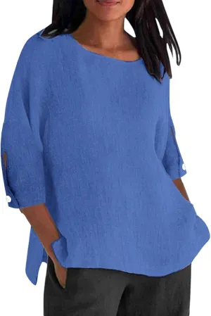 Linen Shirts for Women Womens Summer Tops Plus Size Crew Neck 3/4 Sleeve Solid Color Blouses Casual Daily Wear Clothes