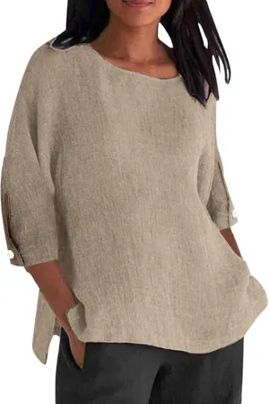 Linen Shirts for Women Womens Summer Tops Plus Size Crew Neck 3/4 Sleeve Solid Color Blouses Casual Daily Wear Clothes