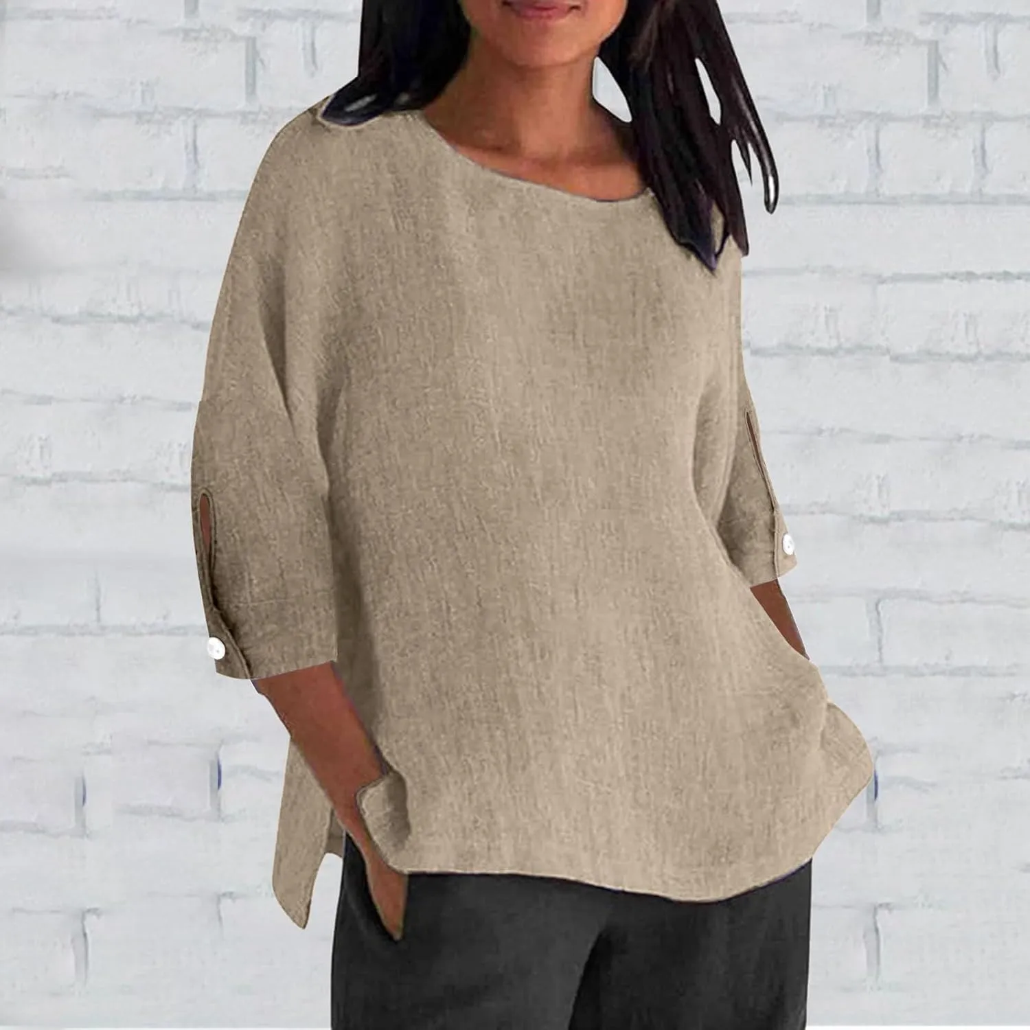 Linen Shirts for Women Womens Summer Tops Plus Size Crew Neck 3/4 Sleeve Solid Color Blouses Casual Daily Wear Clothes