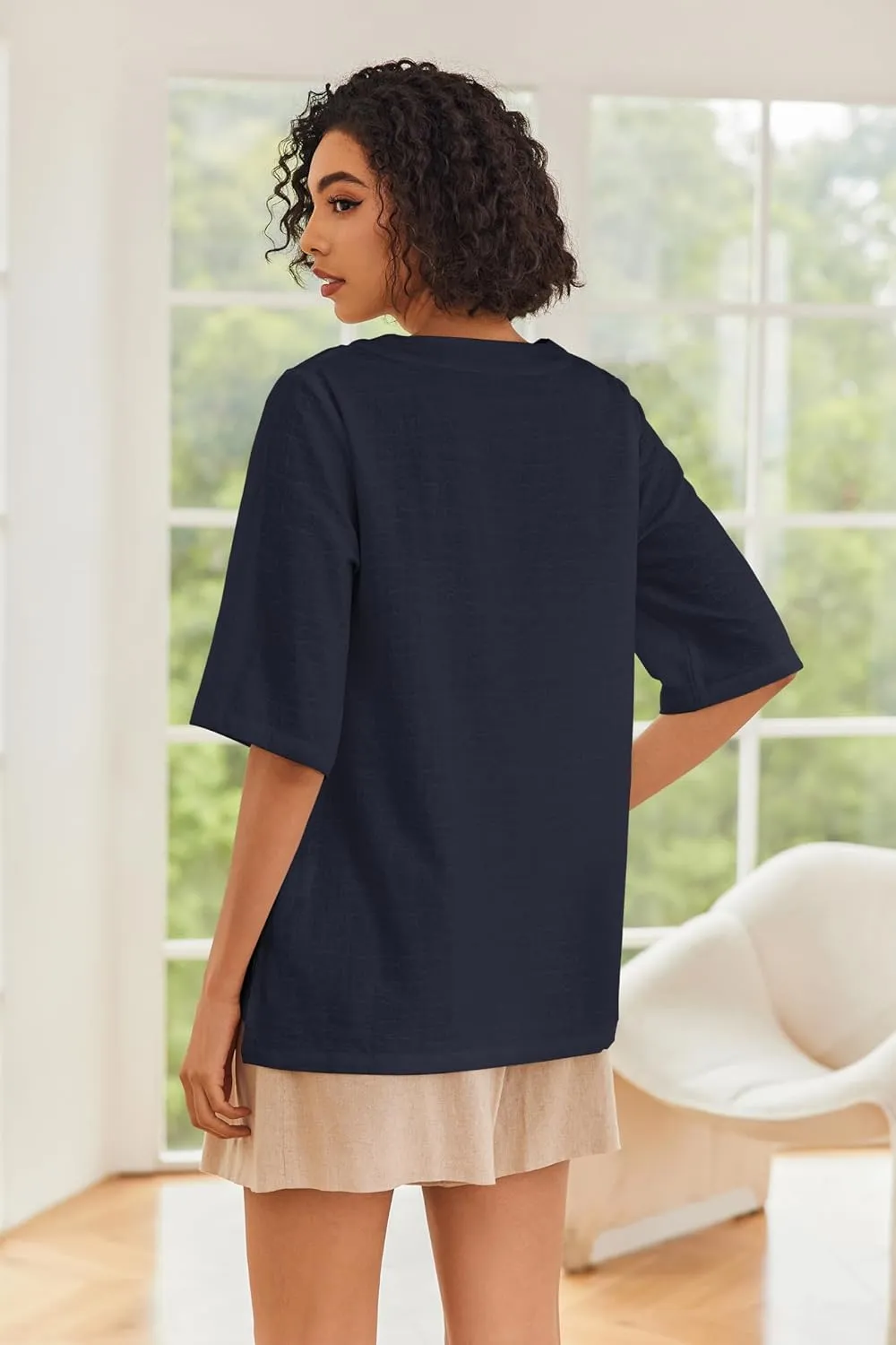 Linen Tops for Women 3/4 Sleeve Crew Neck Cotton Shirts Casual Jacquard Boho Blouse