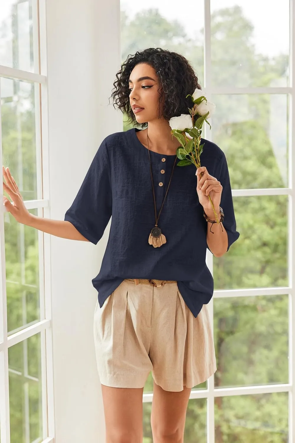 Linen Tops for Women 3/4 Sleeve Crew Neck Cotton Shirts Casual Jacquard Boho Blouse