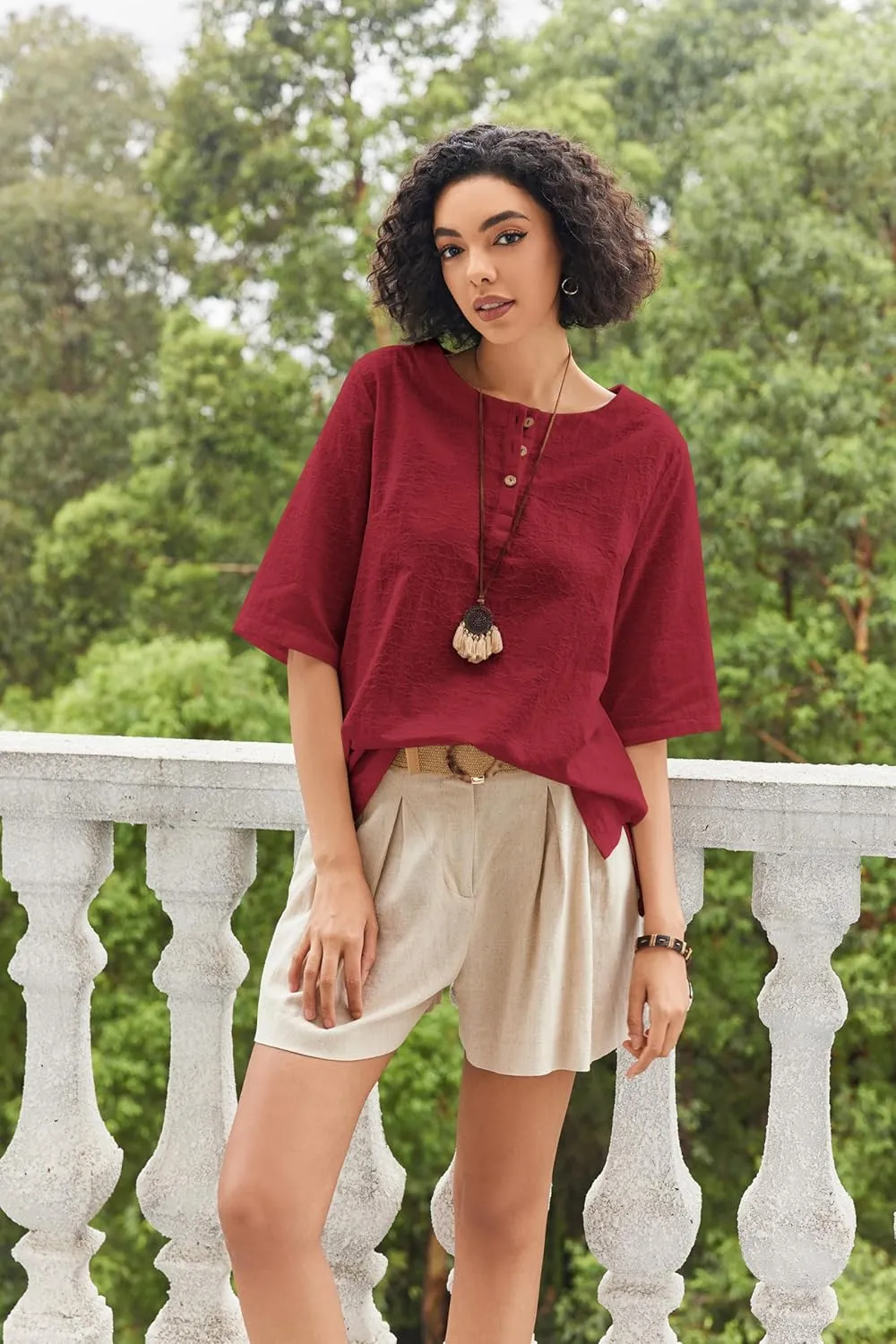 Linen Tops for Women 3/4 Sleeve Crew Neck Cotton Shirts Casual Jacquard Boho Blouse