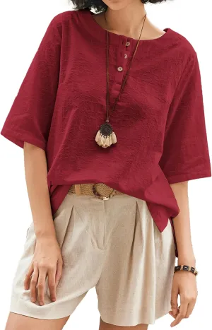 Linen Tops for Women 3/4 Sleeve Crew Neck Cotton Shirts Casual Jacquard Boho Blouse