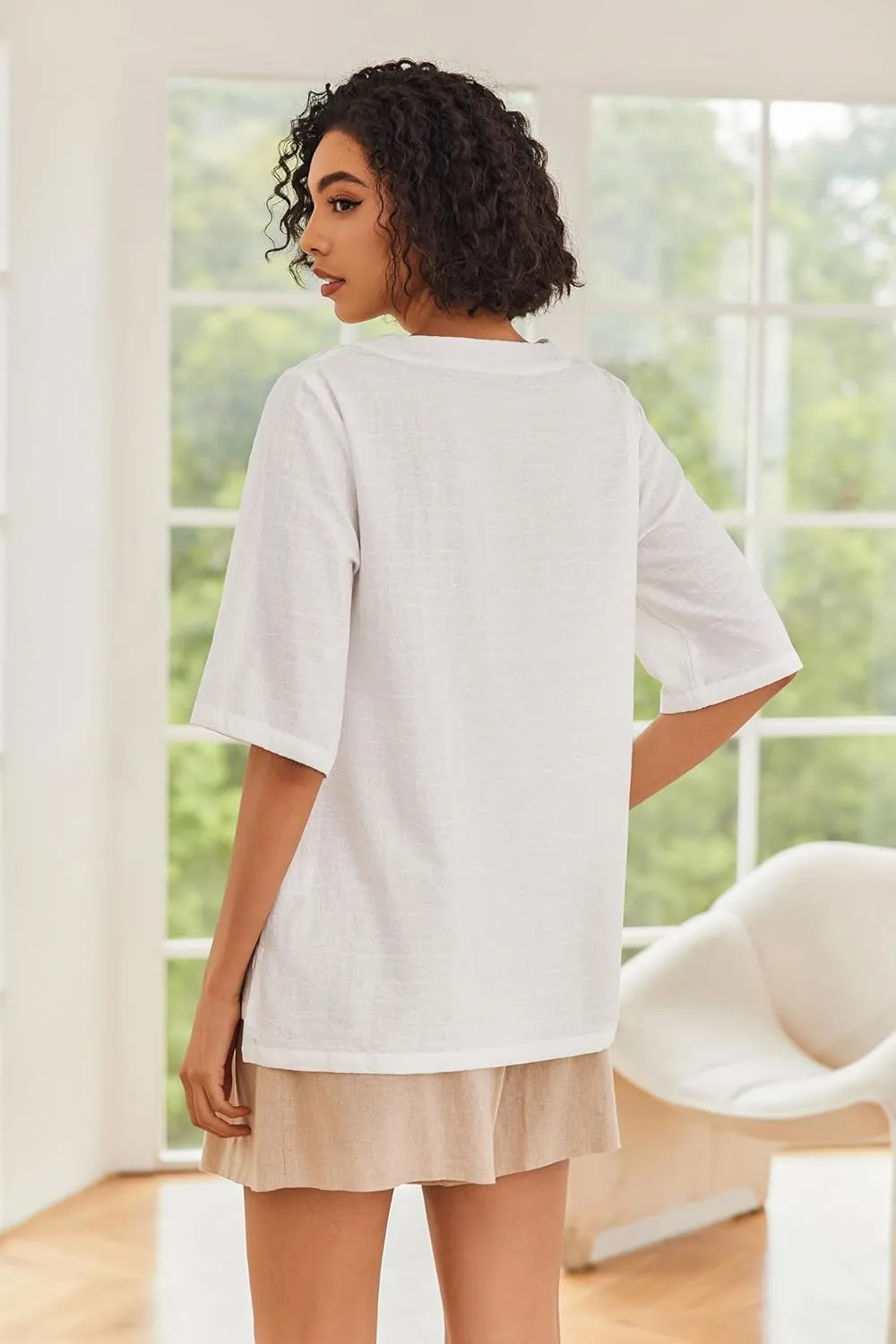 Linen Tops for Women 3/4 Sleeve Crew Neck Cotton Shirts Casual Jacquard Boho Blouse