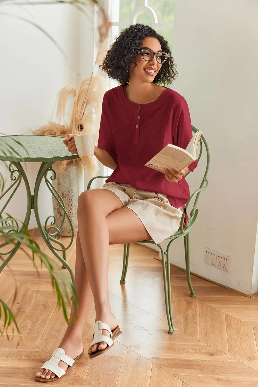 Linen Tops for Women 3/4 Sleeve Crew Neck Cotton Shirts Casual Jacquard Boho Blouse
