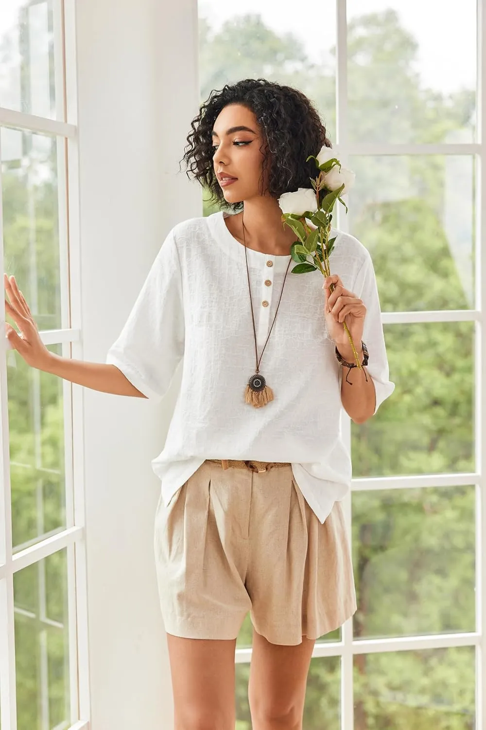 Linen Tops for Women 3/4 Sleeve Crew Neck Cotton Shirts Casual Jacquard Boho Blouse