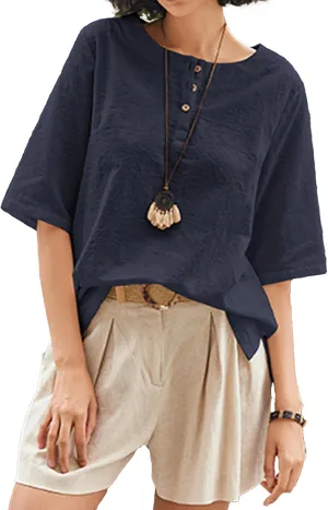 Linen Tops for Women 3/4 Sleeve Crew Neck Cotton Shirts Casual Jacquard Boho Blouse