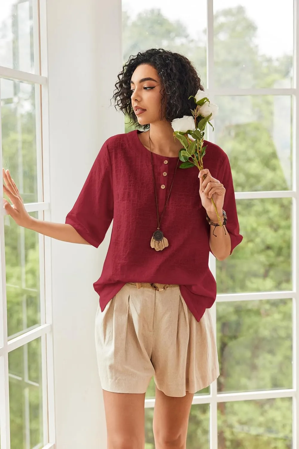Linen Tops for Women 3/4 Sleeve Crew Neck Cotton Shirts Casual Jacquard Boho Blouse