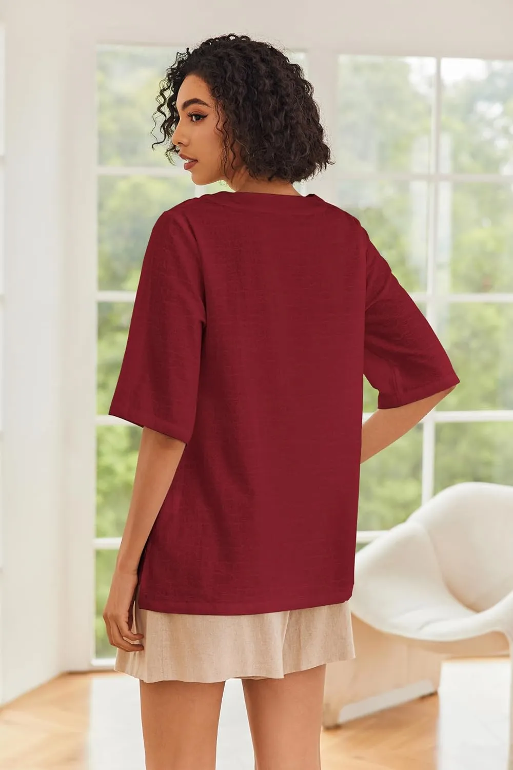 Linen Tops for Women 3/4 Sleeve Crew Neck Cotton Shirts Casual Jacquard Boho Blouse