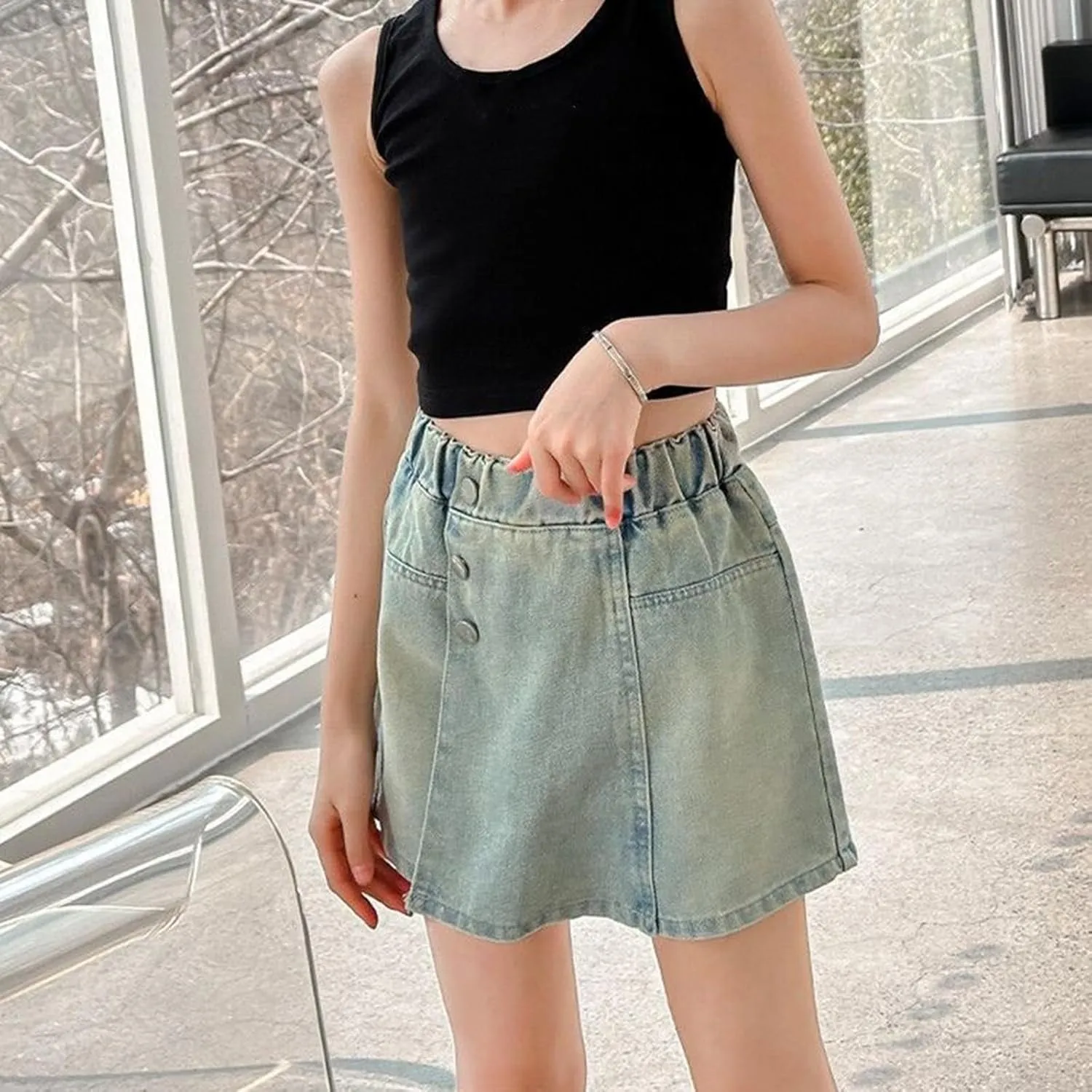 Little Girl's A Line Skirt Denim Skorts High Waisted Girls Teens Dress 𝗠ini Jean Skirts with Shorts Underneath