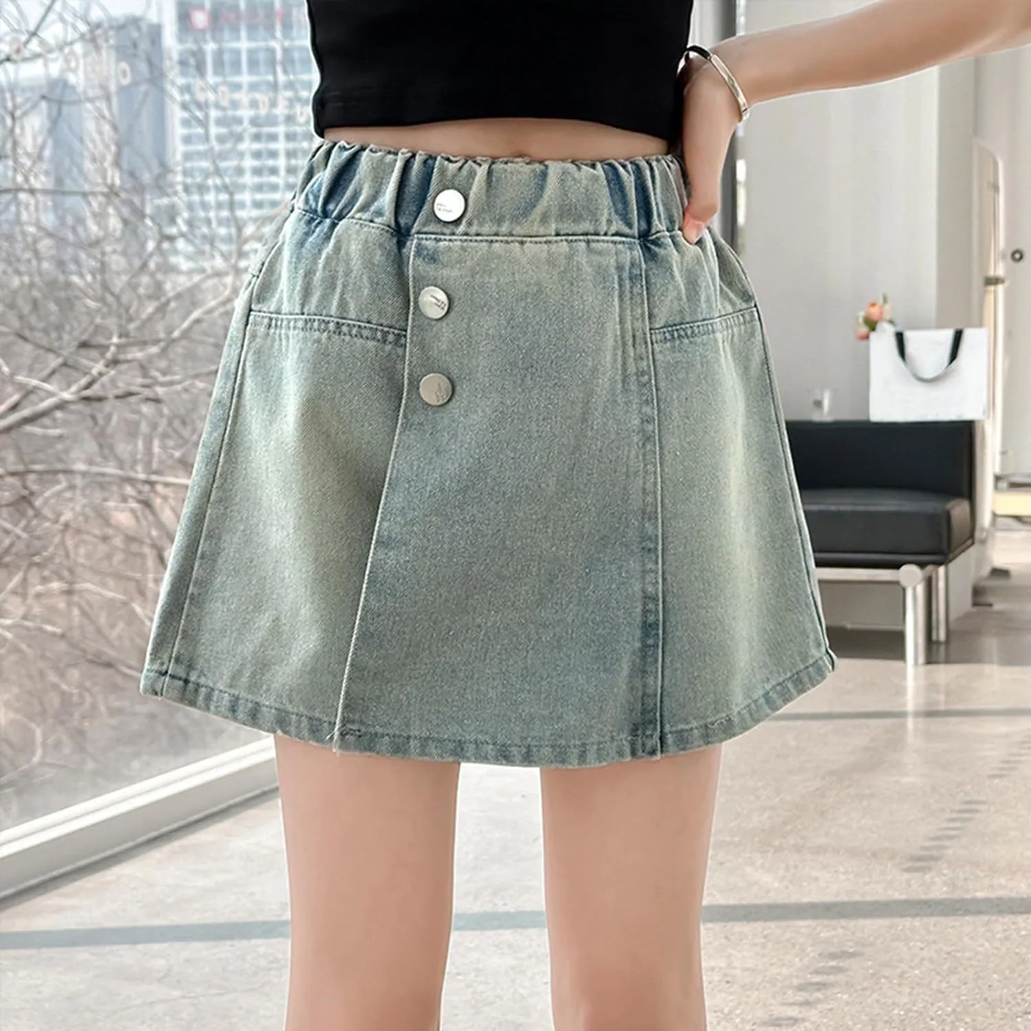 Little Girl's A Line Skirt Denim Skorts High Waisted Girls Teens Dress 𝗠ini Jean Skirts with Shorts Underneath