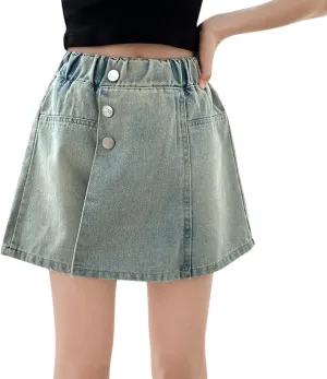 Little Girl's A Line Skirt Denim Skorts High Waisted Girls Teens Dress 𝗠ini Jean Skirts with Shorts Underneath