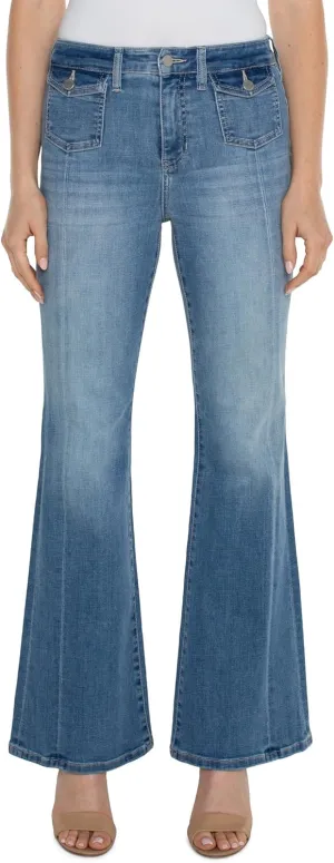 Liverpool Women's Hannah Mid Rise Flare with Flap Front Pockets Crosshatch Denim