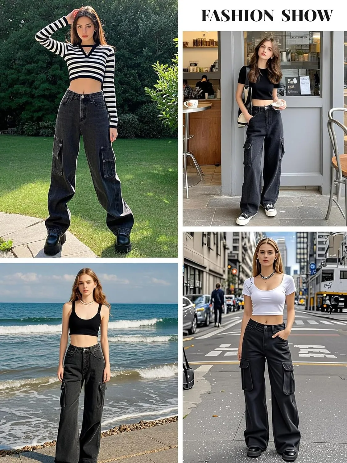 LONGYIDA Women's High Waisted Cargo Jeans Straight Wide Leg Stretch Baggy Jean Y2K Casual Loose Denim Cargo Pants Trousers