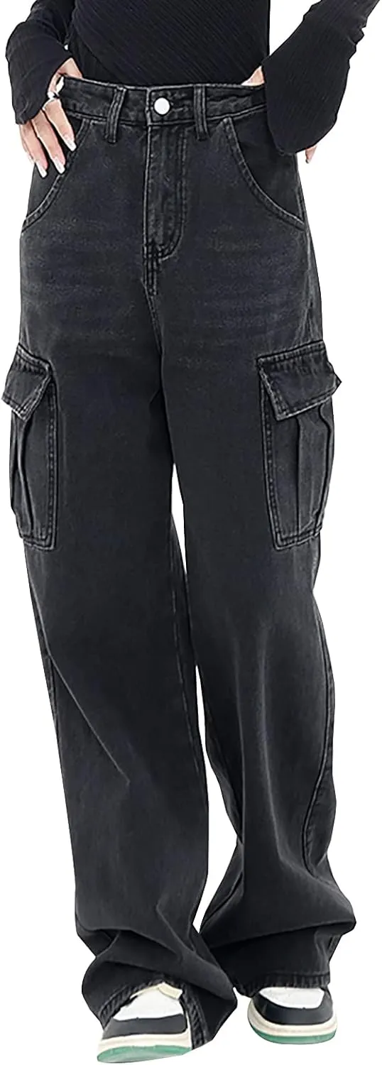 LONGYIDA Women's High Waisted Cargo Jeans Straight Wide Leg Stretch Baggy Jean Y2K Casual Loose Denim Cargo Pants Trousers