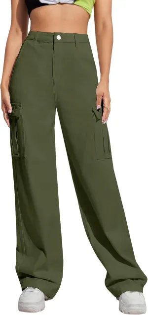 LONGYIDA Women's High Waisted Cargo Jeans Straight Wide Leg Stretch Baggy Jean Y2K Casual Loose Denim Cargo Pants Trousers