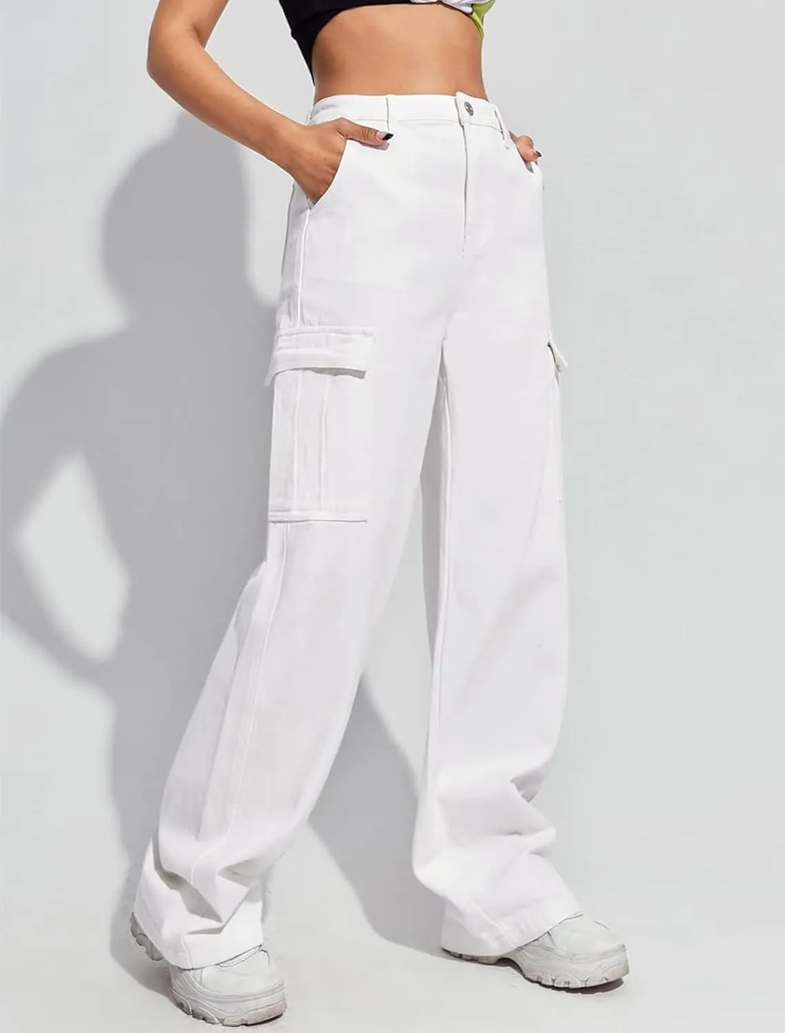 LONGYIDA Women's High Waisted Cargo Jeans Straight Wide Leg Stretch Baggy Jean Y2K Casual Loose Denim Cargo Pants Trousers