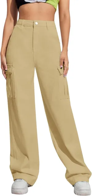 LONGYIDA Women's High Waisted Cargo Jeans Straight Wide Leg Stretch Baggy Jean Y2K Casual Loose Denim Cargo Pants Trousers