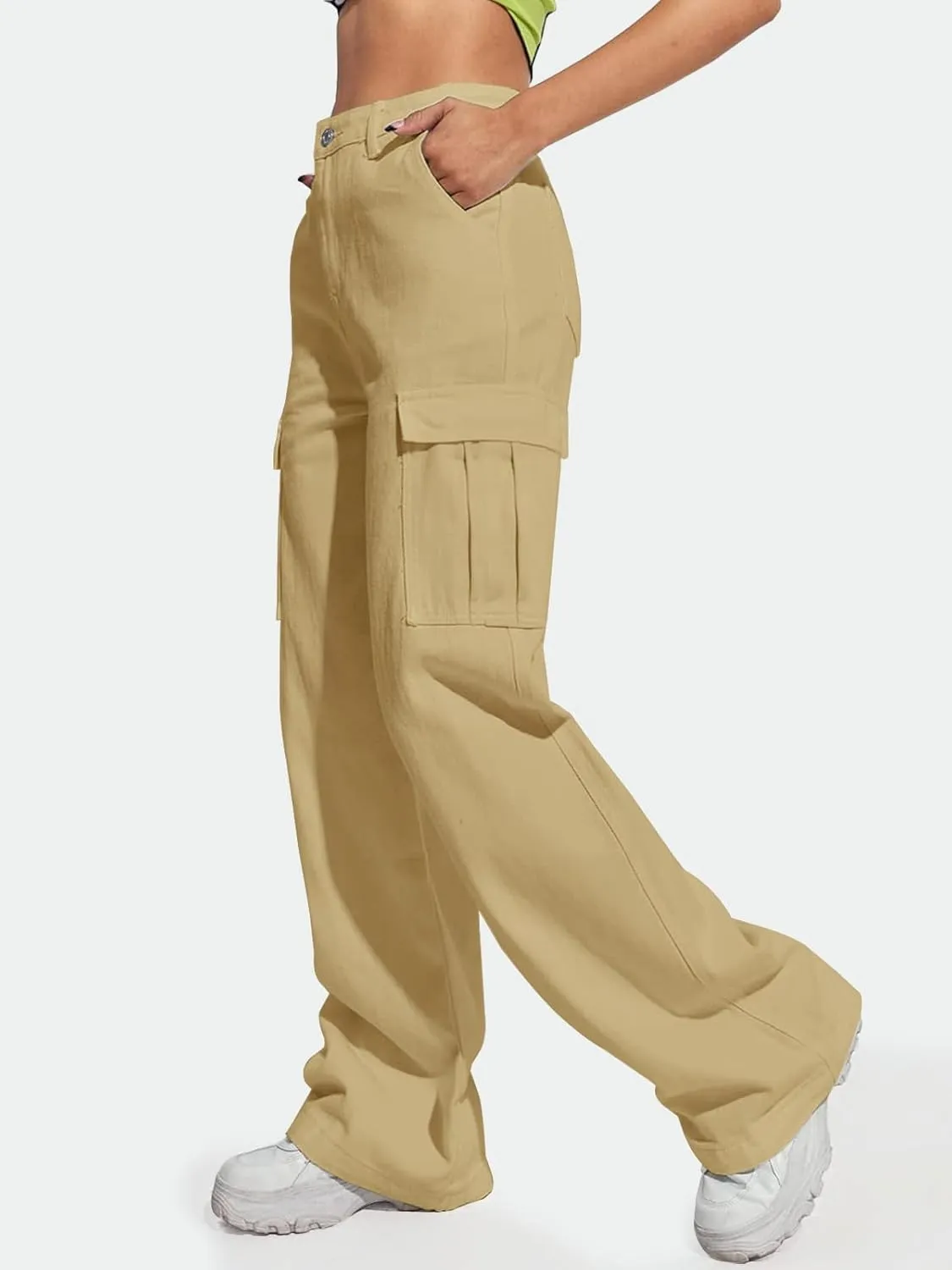 LONGYIDA Women's High Waisted Cargo Jeans Straight Wide Leg Stretch Baggy Jean Y2K Casual Loose Denim Cargo Pants Trousers