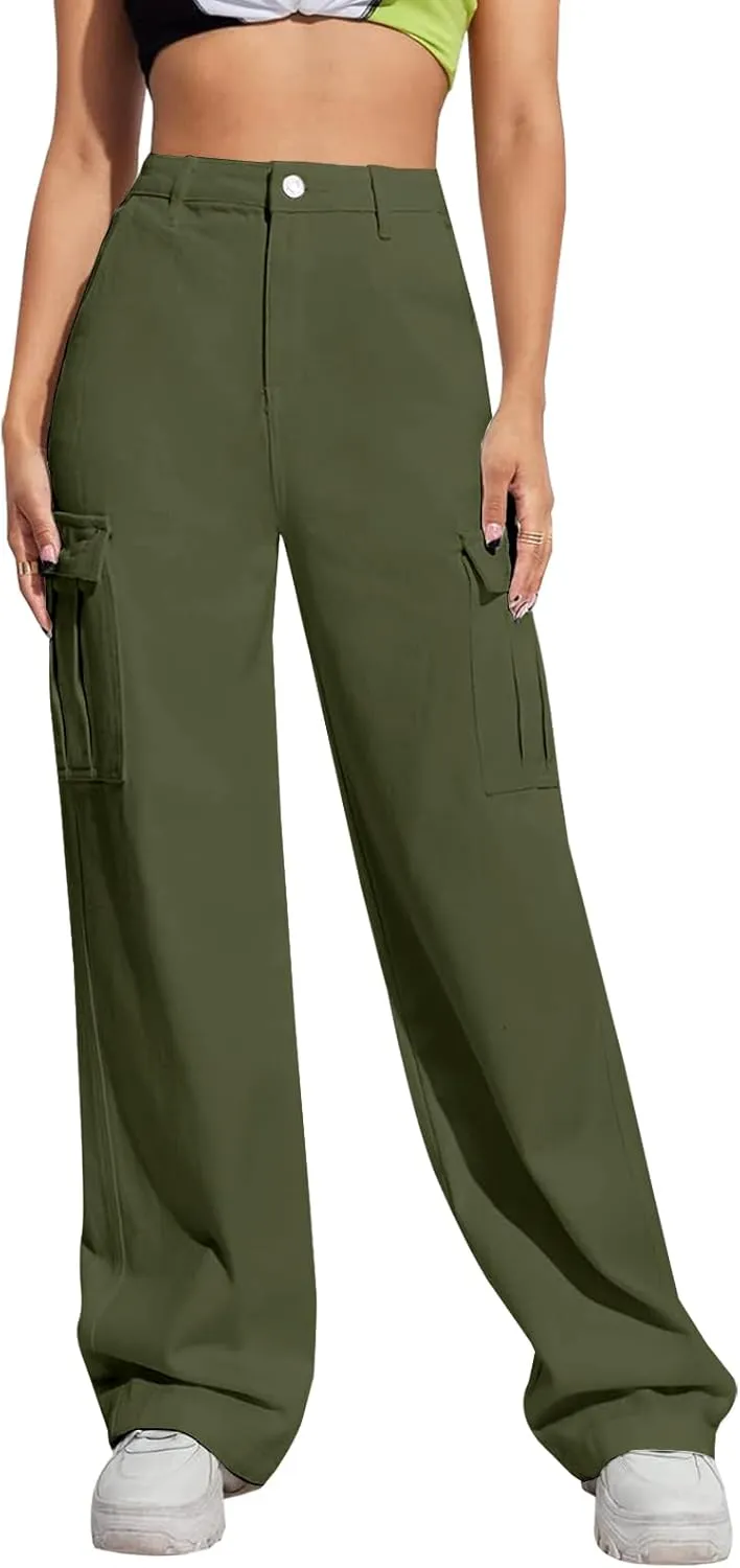 LONGYIDA Women's High Waisted Cargo Jeans Straight Wide Leg Stretch Baggy Jean Y2K Casual Loose Denim Cargo Pants Trousers