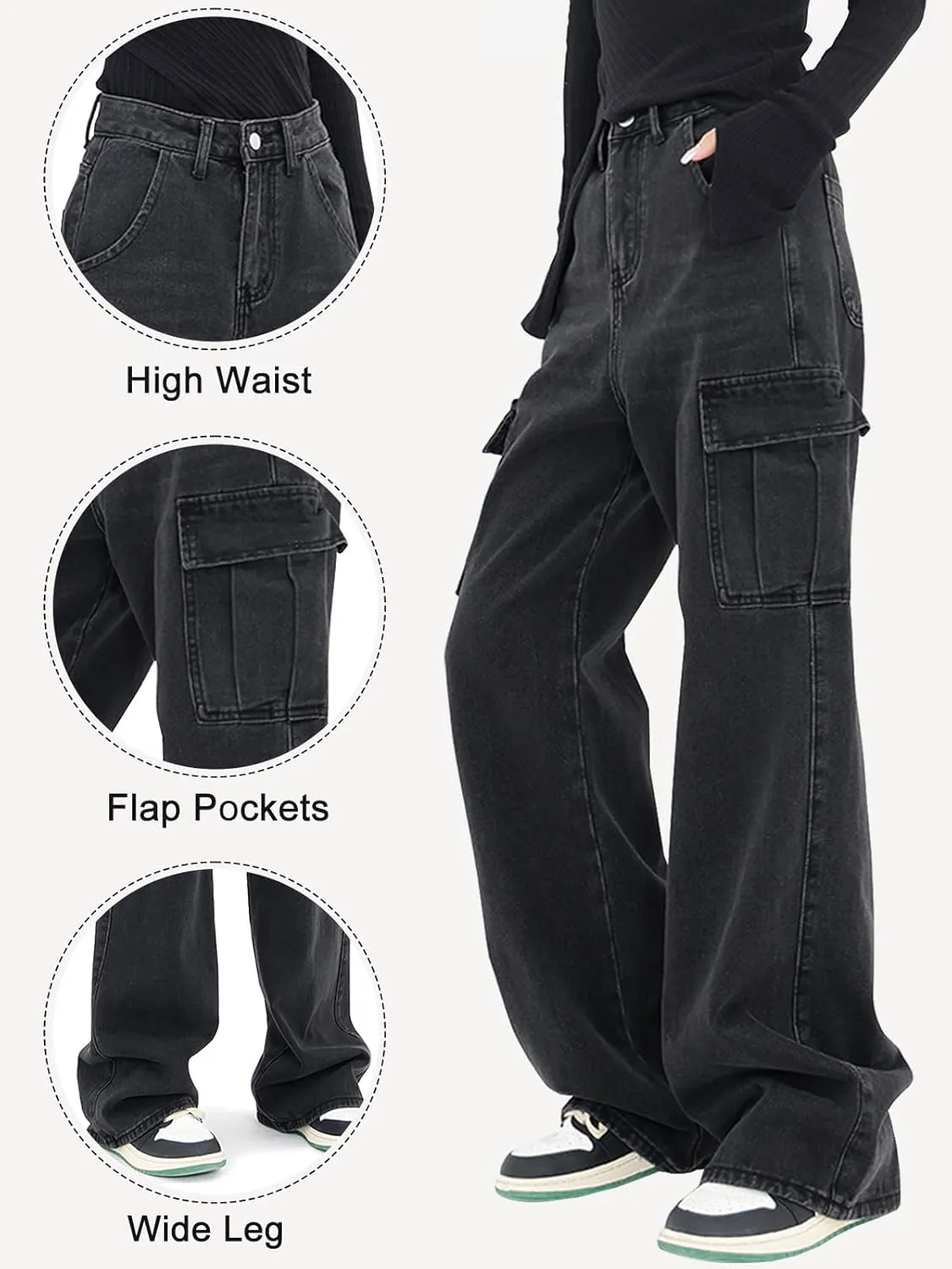 LONGYIDA Women's High Waisted Cargo Jeans Straight Wide Leg Stretch Baggy Jean Y2K Casual Loose Denim Cargo Pants Trousers