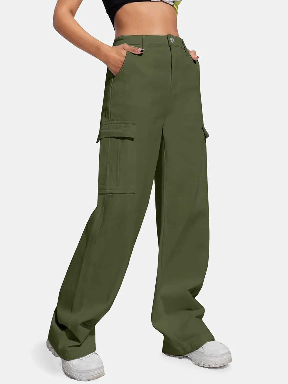 LONGYIDA Women's High Waisted Cargo Jeans Straight Wide Leg Stretch Baggy Jean Y2K Casual Loose Denim Cargo Pants Trousers