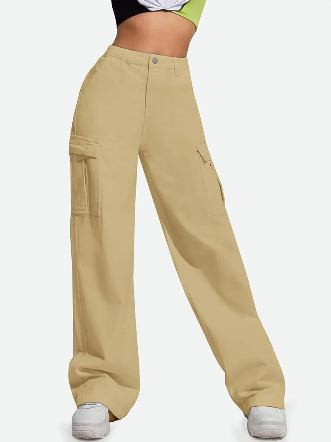 LONGYIDA Women's High Waisted Cargo Jeans Straight Wide Leg Stretch Baggy Jean Y2K Casual Loose Denim Cargo Pants Trousers