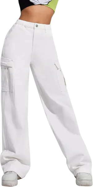 LONGYIDA Women's High Waisted Cargo Jeans Straight Wide Leg Stretch Baggy Jean Y2K Casual Loose Denim Cargo Pants Trousers