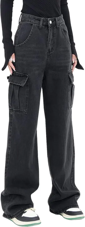 LONGYIDA Women's High Waisted Cargo Jeans Straight Wide Leg Stretch Baggy Jean Y2K Casual Loose Denim Cargo Pants Trousers