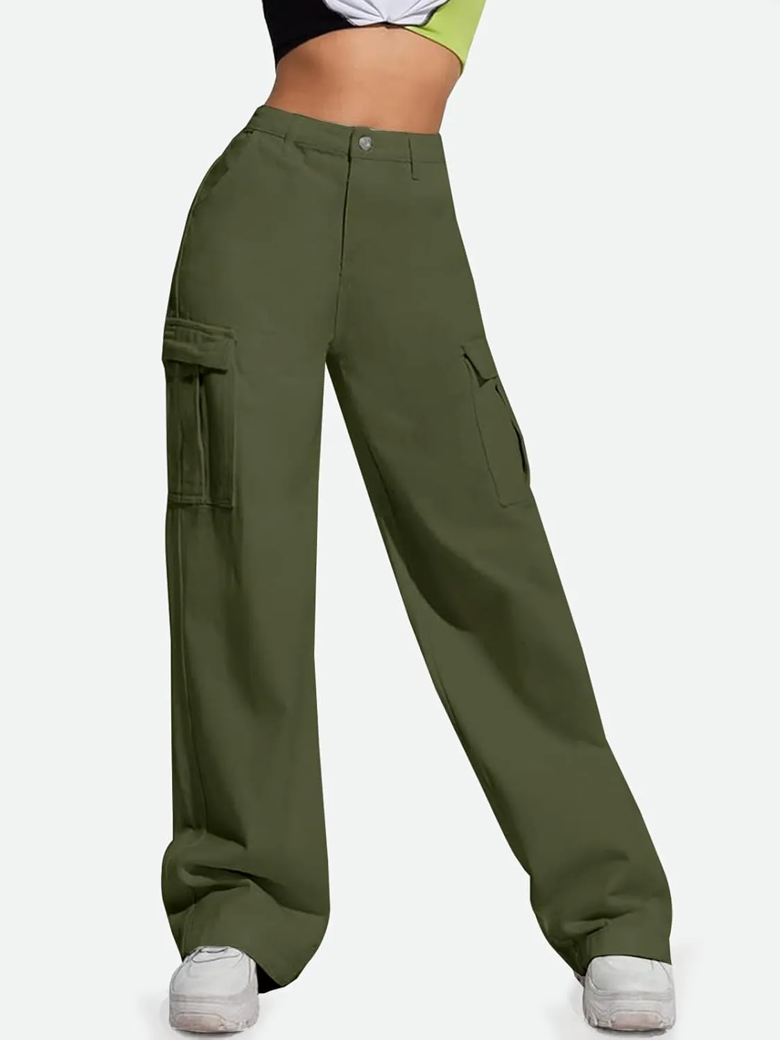 LONGYIDA Women's High Waisted Cargo Jeans Straight Wide Leg Stretch Baggy Jean Y2K Casual Loose Denim Cargo Pants Trousers