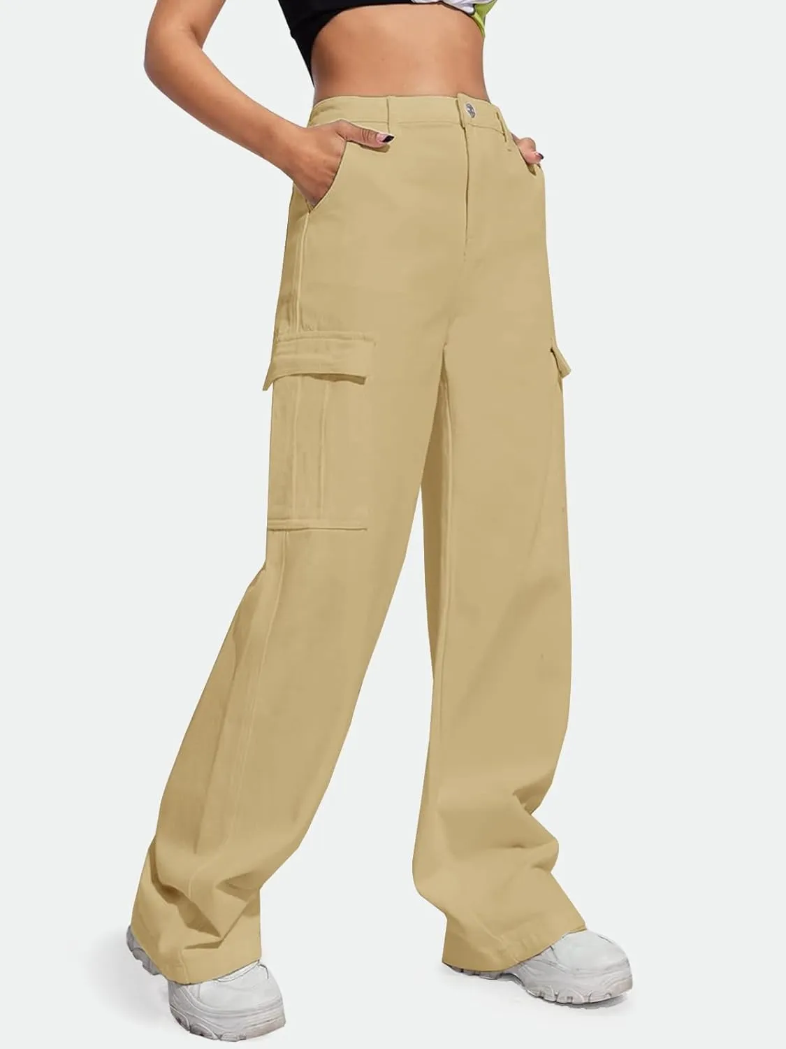 LONGYIDA Women's High Waisted Cargo Jeans Straight Wide Leg Stretch Baggy Jean Y2K Casual Loose Denim Cargo Pants Trousers