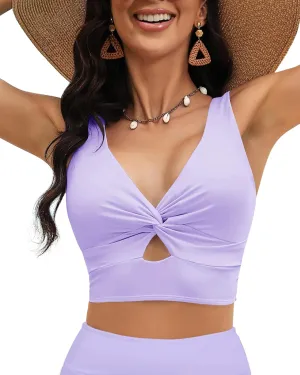 LookbookStore Tankini Tops for Women Cut Out Long Bikini Top Twist Knot Padded Adjustable Swimsuit Tops Only Resort Wear