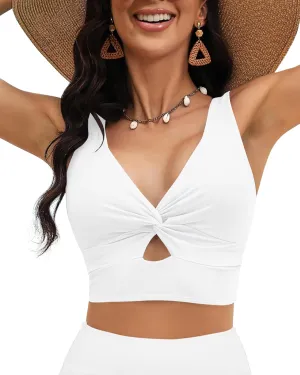 LookbookStore Tankini Tops for Women Cut Out Long Bikini Top Twist Knot Padded Adjustable Swimsuit Tops Only Resort Wear