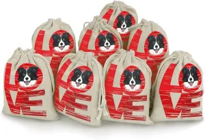 Love Border Collie Cute Tag Drawstring Gift Bags 8 Sets Pockets DIY Jewelry Storage Pouches Wedding Party