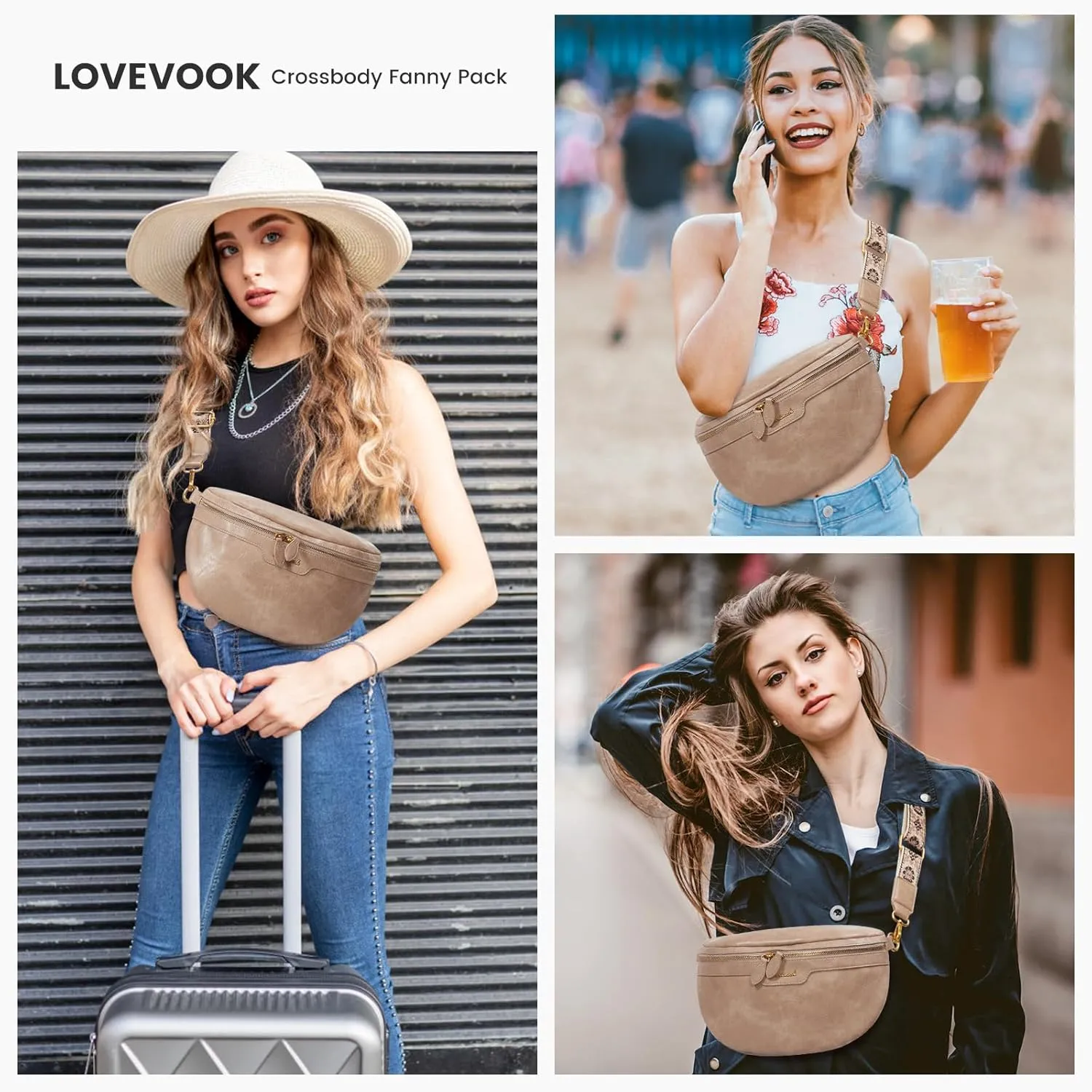 LOVEVOOK Fanny Packs for Women Cross Body, Vegan Leather Belt Bag for Women, Waterproof Sling Purse Fashion Waist Pack Designer Chest Bum Bag with Boho Style Strap
