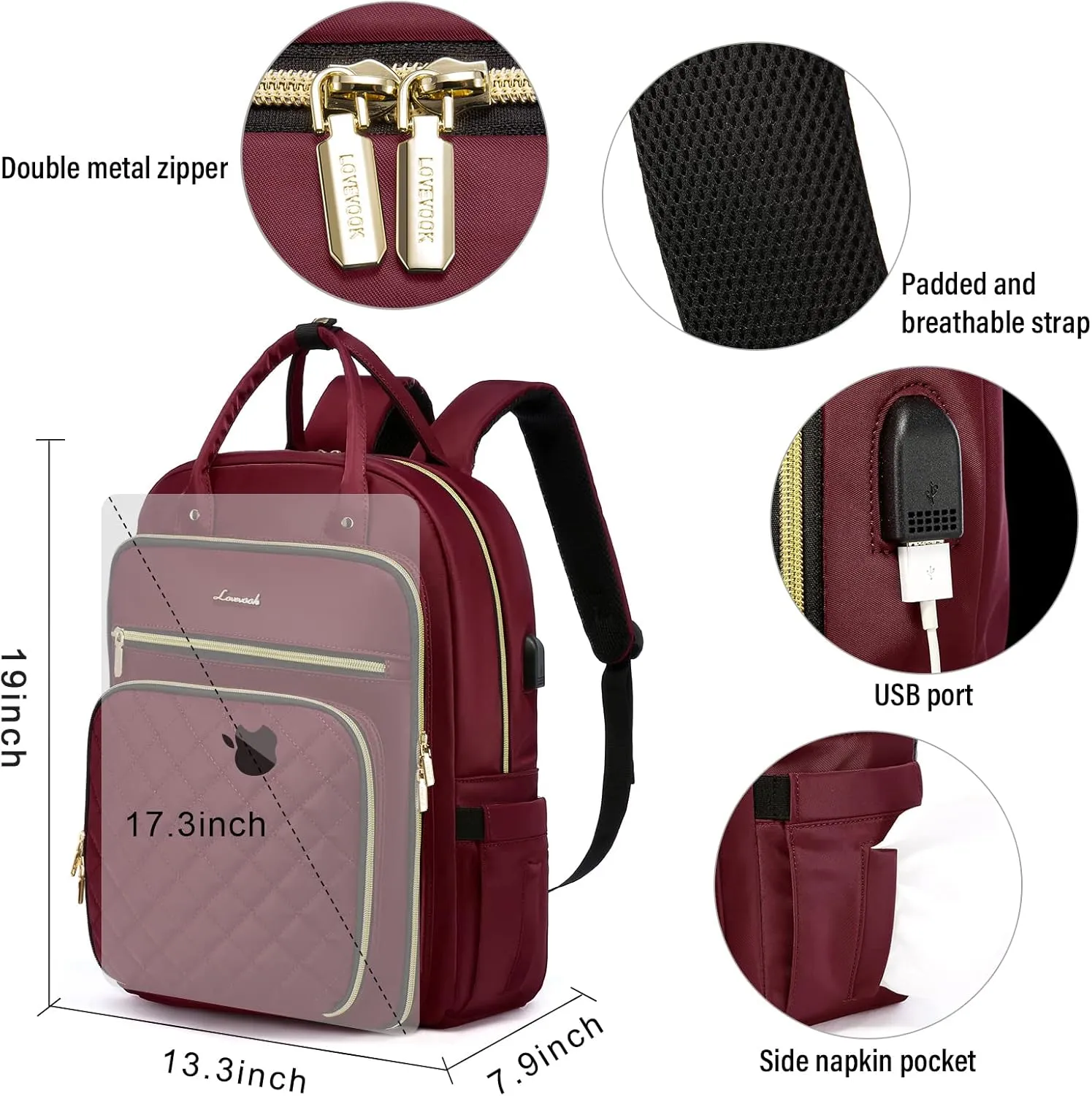 LOVEVOOK Laptop Backpack for Women, Water Resistant Travel Work Backpacks Purse Stylish College Business Teacher Nurse Computer Bag with USB Charging Port, Fits 17" Laptop